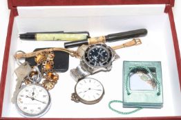 Ladies 9 carat gold wristwatch, gents watch, pocket and stop watches, fountain pen, etc.