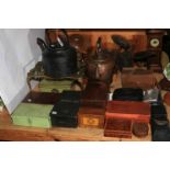 Arnold precision scales, Victorian mantel clock, cast iron kettle, postal stampers, oil burner,