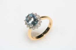 Diamond and aquamarine cluster ring set in 18 carat gold aquamarine total 2.