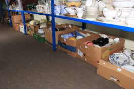 Thirteen boxes of assorted porcelain, glass, etc, and collection of pictures.