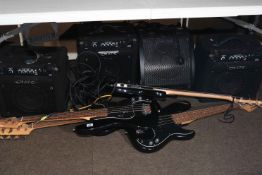 Four electric guitars with amps including Westfield.