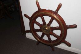 Mahogany and brass ships wheel, 87cm high.