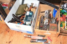Two boxes of various tools including planes, chisels, various knives, etc.