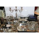 Collection of silver plated wares including cased cutlery, tureens, candelabra, etc.