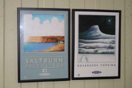 Pair Mackenzie Thorpe prints of railway station posters, Saltburn by the Sea and Roseberry Topping,