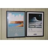 Pair Mackenzie Thorpe prints of railway station posters, Saltburn by the Sea and Roseberry Topping,