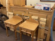 Pine 5ft bedstead, pair pine pedestals and oak framed wall mirror (4).