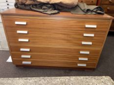Teak six drawer plan chest, 87.5cm by 130cm by 96.5cm.