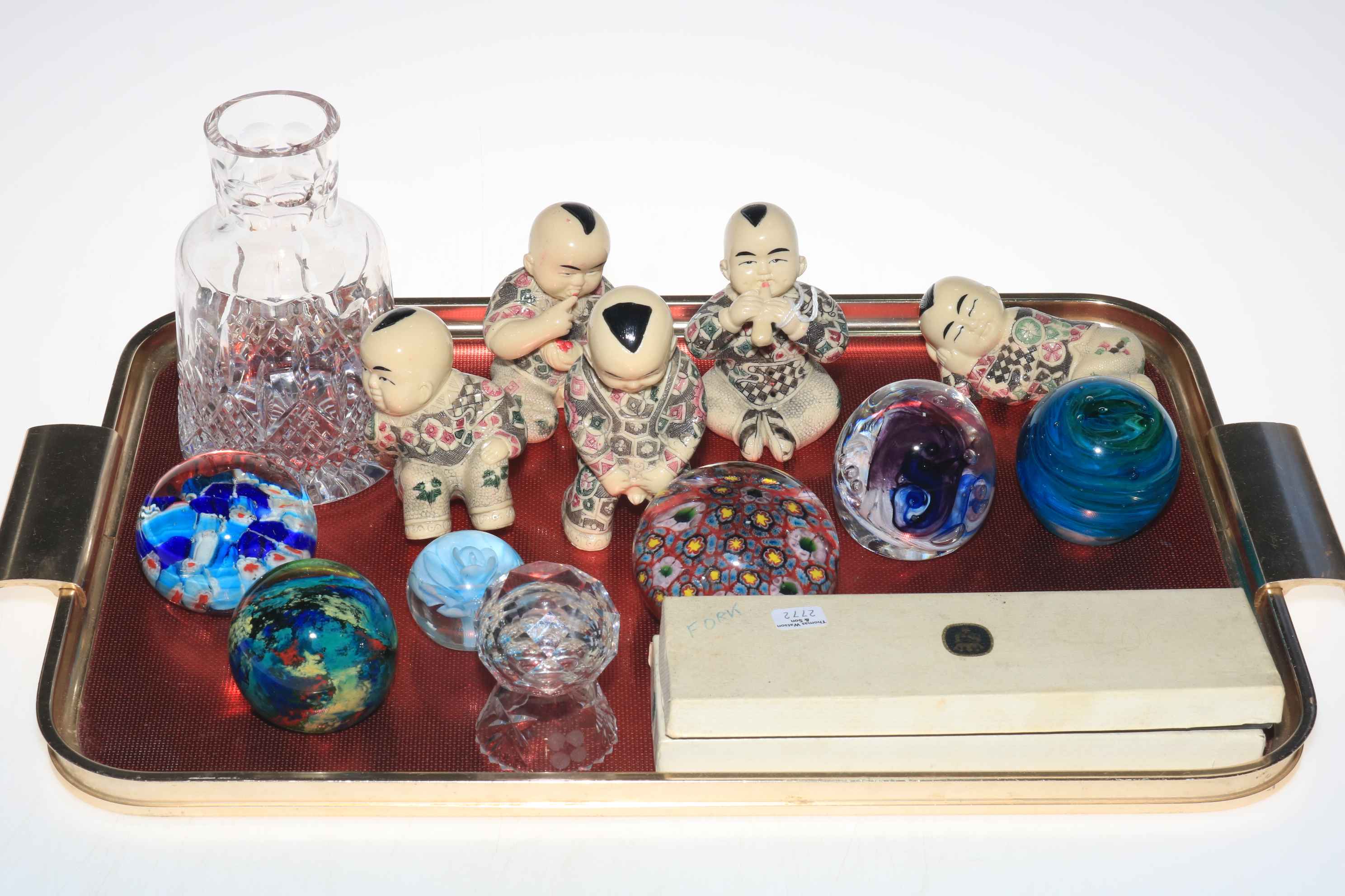 Millefiori and other glass paperweights, Oriental figures and Spear & Jackson fork and spoon.