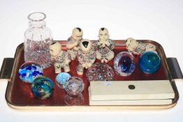 Millefiori and other glass paperweights, Oriental figures and Spear & Jackson fork and spoon.