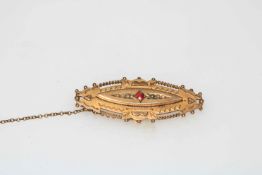 9 carat gold, ruby and pearl brooch.