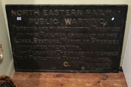 Large cast iron NE Railway warning sign, 60.5cm by 90.5cm.