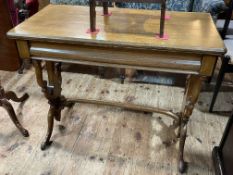 Victorian oak rectangular single drawer side table on scrolled ends joined by scrolled stretcher,