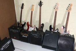 Five electric guitars with amps including Tanglewood Rebel, Urchin Series, Pacific Yamaha.