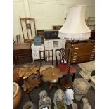 Two antique side chairs, barley twist standard lamp and shade, tripod table,