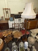 Two antique side chairs, barley twist standard lamp and shade, tripod table,