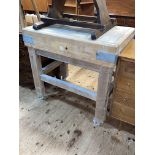 Butchers block stamped with military broad arrow on portable stand, 88cm by 92cm by 61cm.