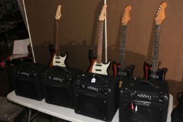 Four electric guitars with amps including Cort.