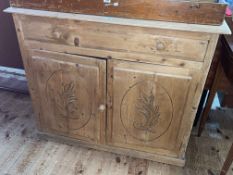 19th century pine two door side cabinet, 87cm by 106cm by 37cm.