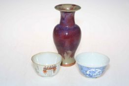 Chinese purple glaze vase and two Chinese tea bowls (3).