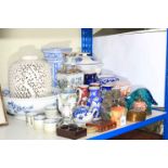Collection of Oriental wares including blue and white lidded jar, vase, dog of fo bookends,