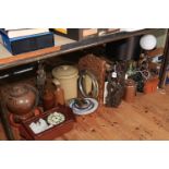 Large pottery table lamp and shade, figure lamp, wood carvings, stoneware jars, binoculars,