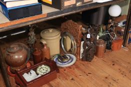 Large pottery table lamp and shade, figure lamp, wood carvings, stoneware jars, binoculars,