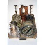 Pair of 19th Century EP candlesticks, wood wool winder, EP salver, brass inkstand and letter holder,