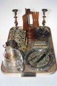 Pair of 19th Century EP candlesticks, wood wool winder, EP salver, brass inkstand and letter holder,