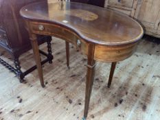 Edwardian inlaid mahogany kidney shaped single drawer side table, 72.5cm by 90cm by 45cm.