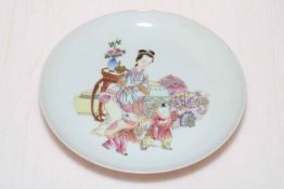 Chinese porcelain saucer dish decorated with figures, six character mark to base, 16.5cm diameter.