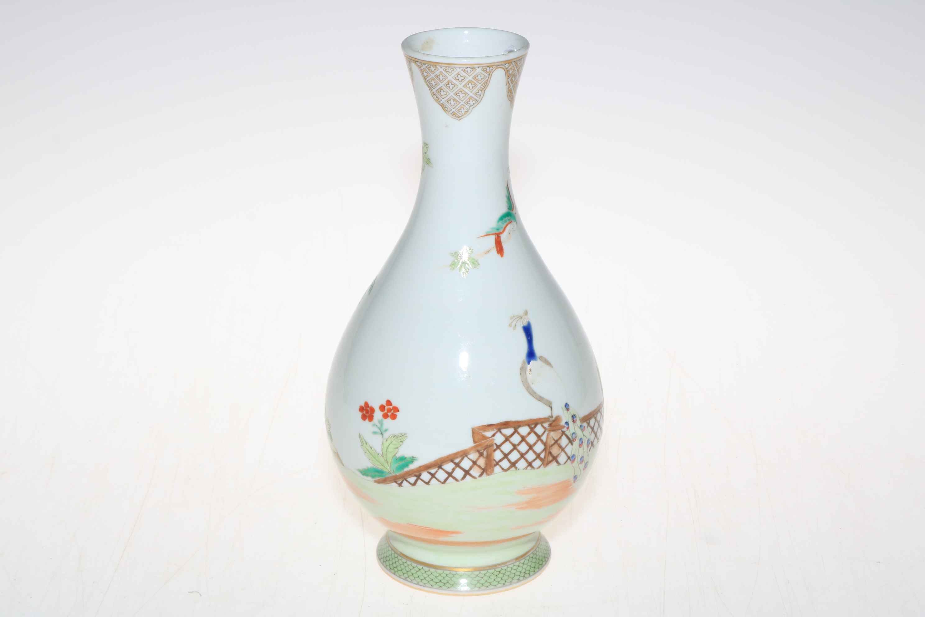 Chinese bottle neck vase decorated with elders, peacock and floral design, 23.5cm high. - Image 2 of 3