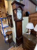Antique mahogany and chequer inlaid eight day longcase clock having arched painted moon phase dial,