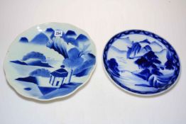 Two blue and white Chinese chargers, largest 33cm diameter.