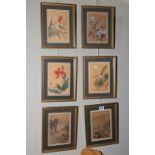 Set of six framed Oriental woodcuts, 18.5cm by 13cm.