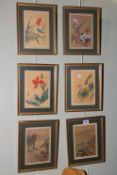 Set of six framed Oriental woodcuts, 18.5cm by 13cm.