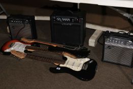 Three electric guitars with amps including Squier Mini by Fender, Westfield.