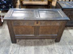 Antique jointed oak coffer, 60cm by 113cm by 50cm.