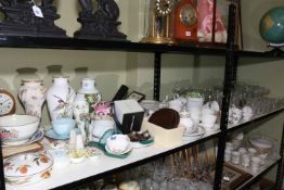 Collection of decorative porcelain, mantel clock, part teawares, glass, cased doll, prints, etc.