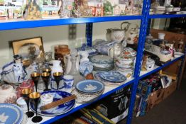Collection of decorative porcelain, decanter, FDCs, carriage clock, steins, etc.