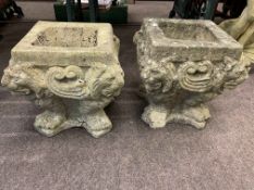 Pair weathered concrete lion mask garden planters, 33cm by 33cm by 33cm.