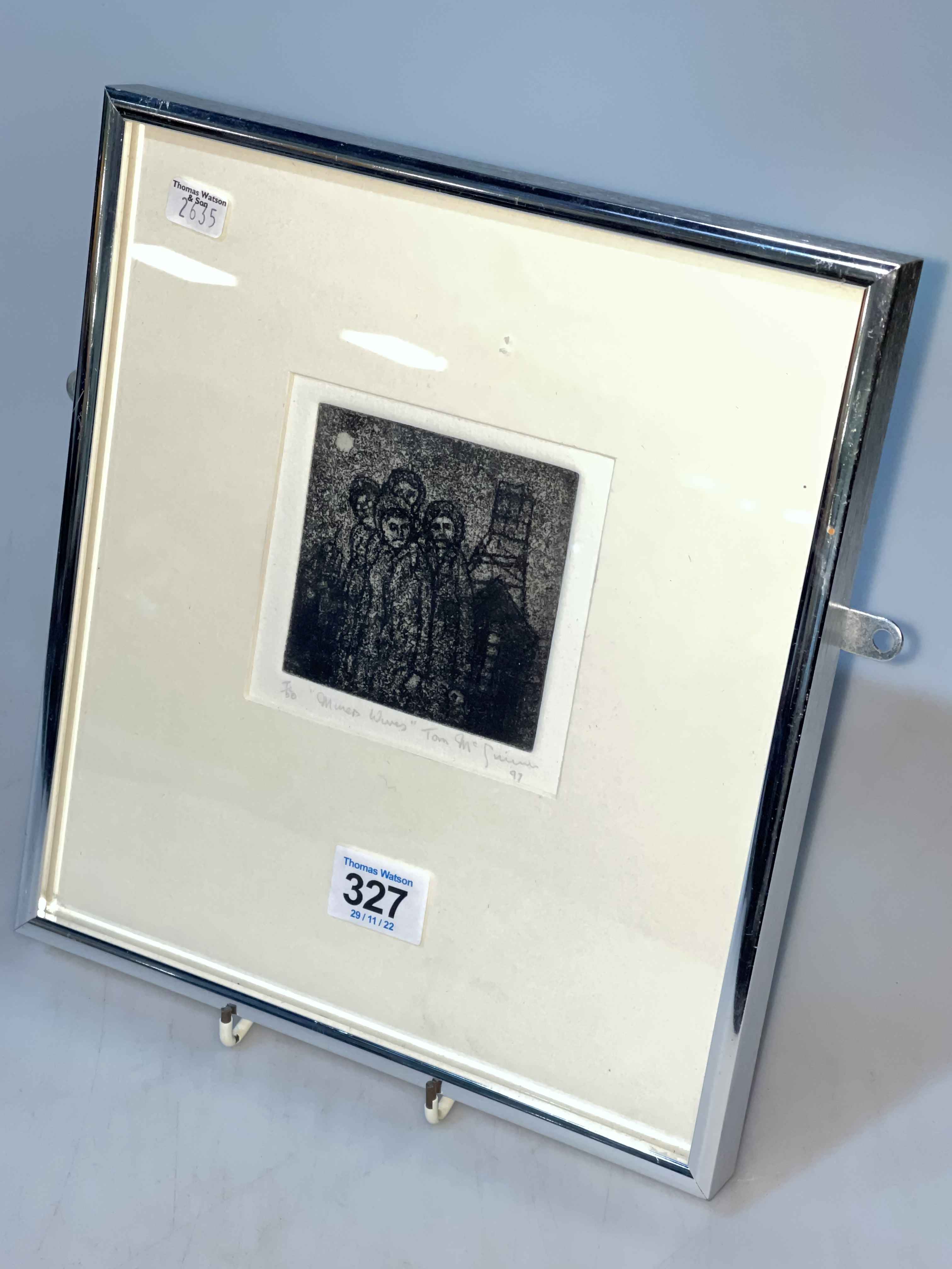 Tom McGuinness limited edition etching, Miners Wives, 7/50, signed, 26cm by 23cm including frame.