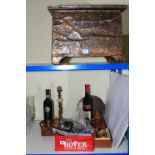 Trench Art, vintage backgammon board, wristwatches, wine, beaten copper coal bin, etc.