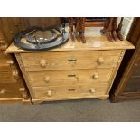 Pine chest of three long drawers and horseshoe mirror coat rack (2).
