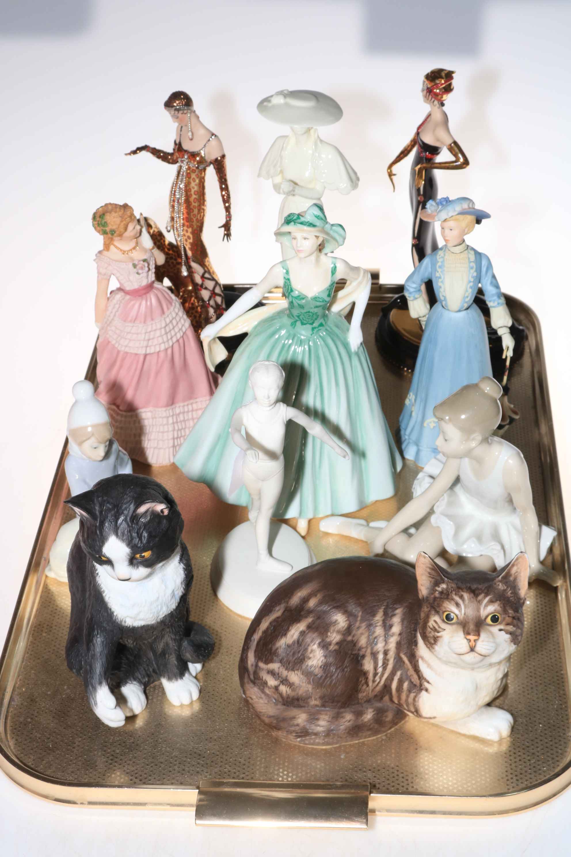 High Society Coalport, two Wedgwood ladies, Franklin Mint, Lladro, Eric Tenney cat figurines, etc.