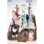 High Society Coalport, two Wedgwood ladies, Franklin Mint, Lladro, Eric Tenney cat figurines, etc.