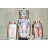 Oriental Chinese table lamp and a pair of vases.