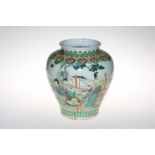 Large Chinese Famile Rose ovoid vase decorated with dancing figures in landscape, 31cm high.