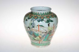 Large Chinese Famile Rose ovoid vase decorated with dancing figures in landscape, 31cm high.