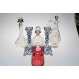 Pair of Delft candlesticks, two silver collared decanters, crystal decanter, etc.